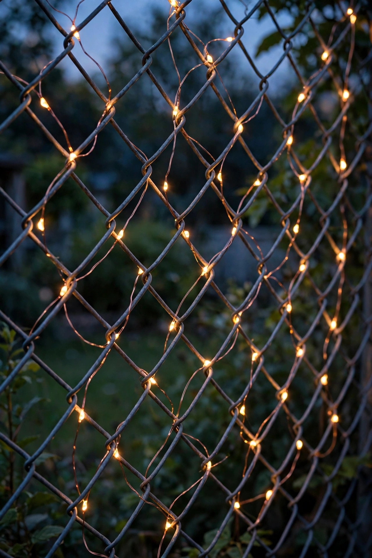 Copper-wire fairy lights woven through the diamond pattern of a chain-link fence glowing warm at twilight