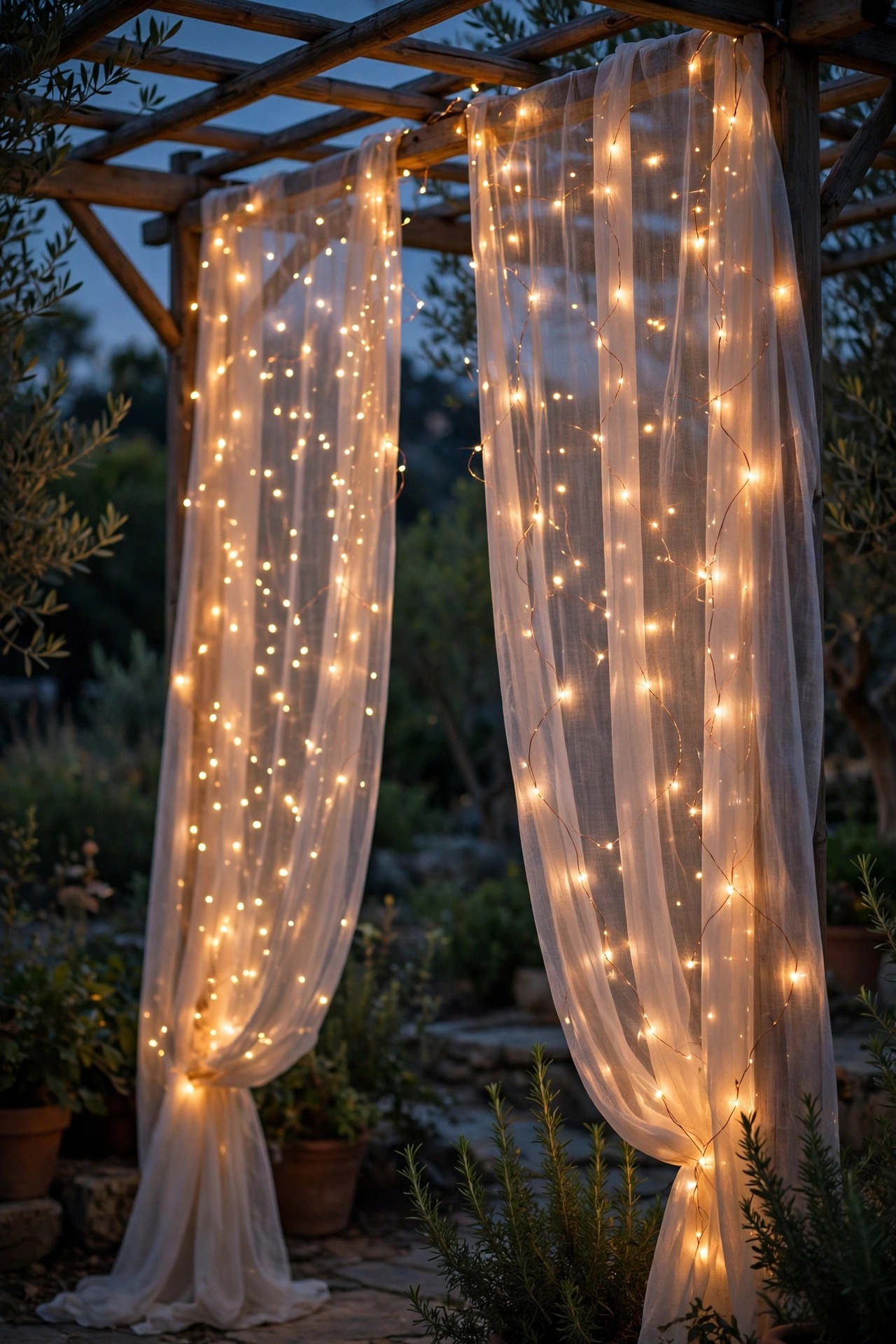 Copper-wire fairy lights woven through sheer pergola curtain panels glowing like fireflies