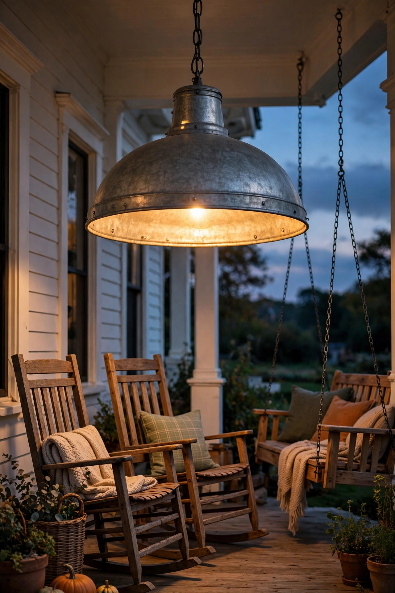 Barn-style metal dome pendant light hanging over a farmhouse front porch seating area