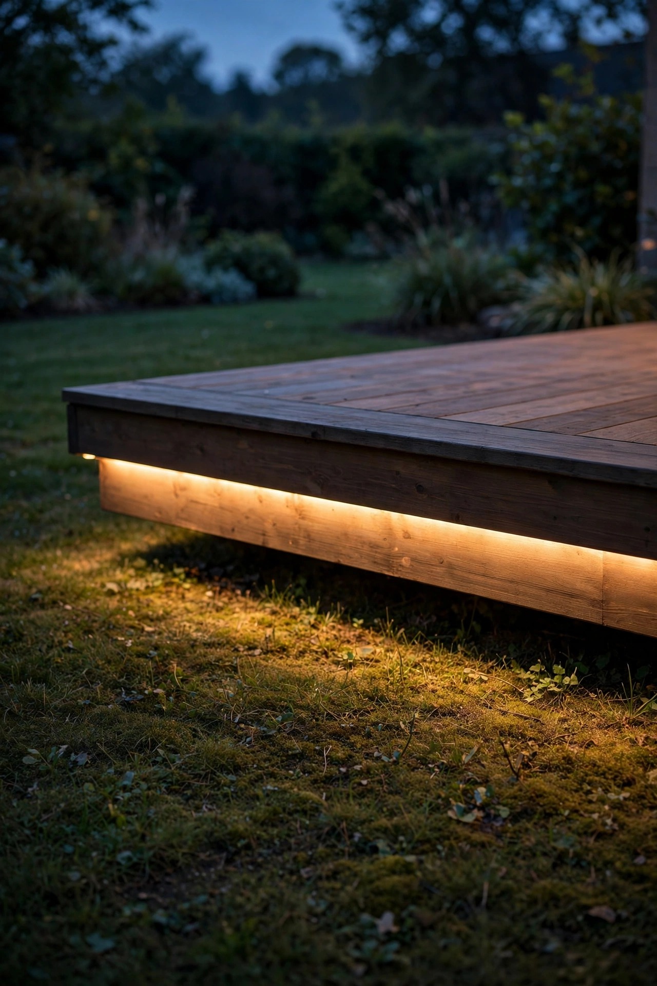 Warm LED strip light hidden under a low deck fascia edge casting a floating glow onto the lawn