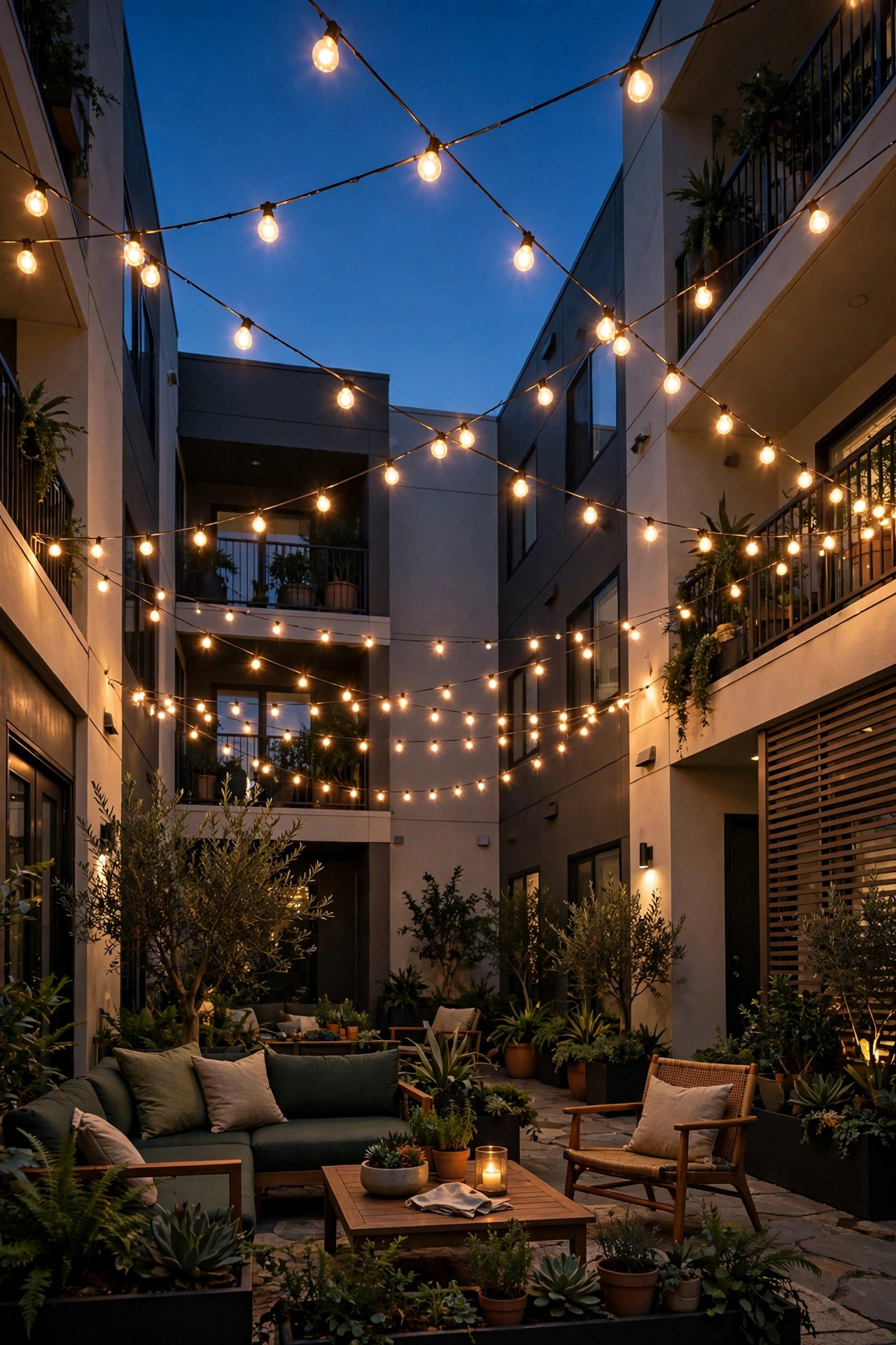 Warm festoon string lights swagged in a canopy over a condo courtyard seating area at dusk