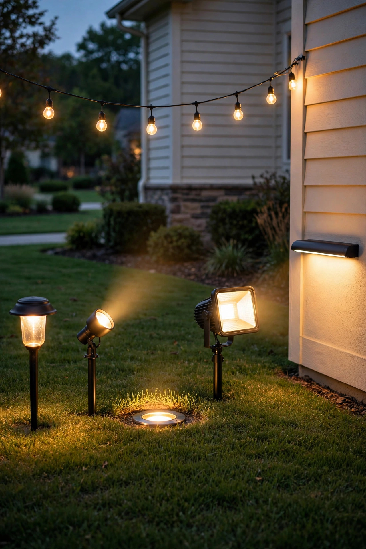 Six common landscape lighting fixtures displayed side by side on a lawn — path light, spotlight, well light, floodlight, string lights, and wall washer