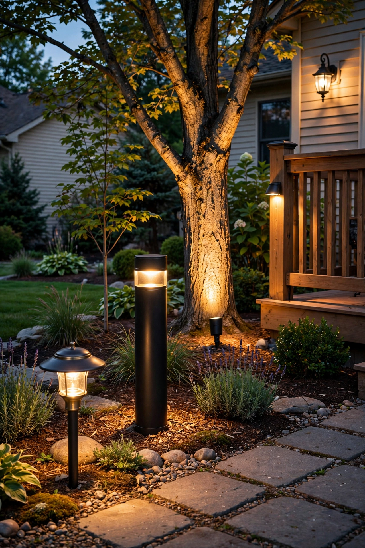 Row of outdoor lighting fixture types path bollard uplight sconce compared for curb appeal