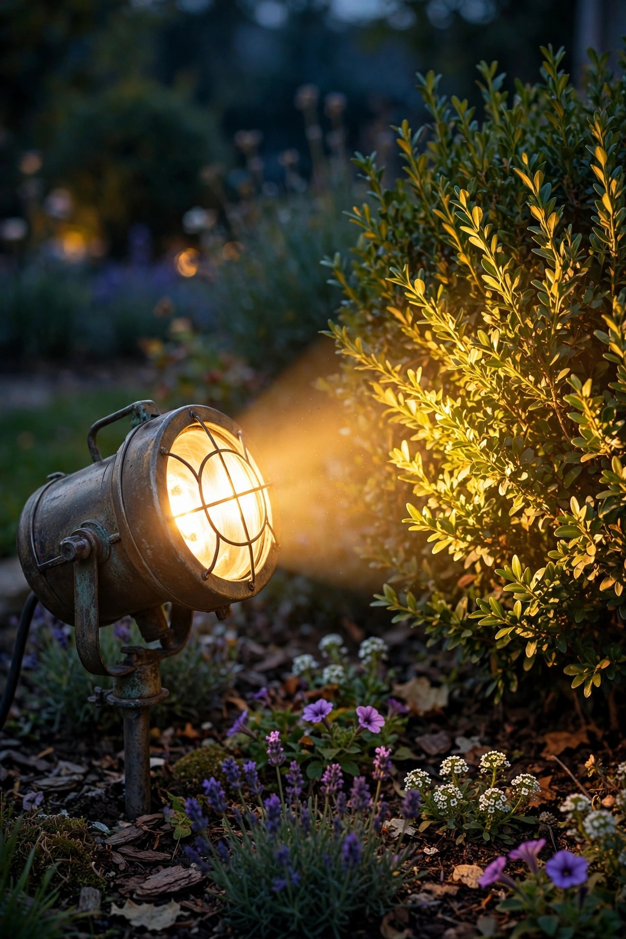 Photorealistic warm dusk close view of an older halogen landscape spotlight glowing beside a flower bed, its bright hot beam lighting a shrub
