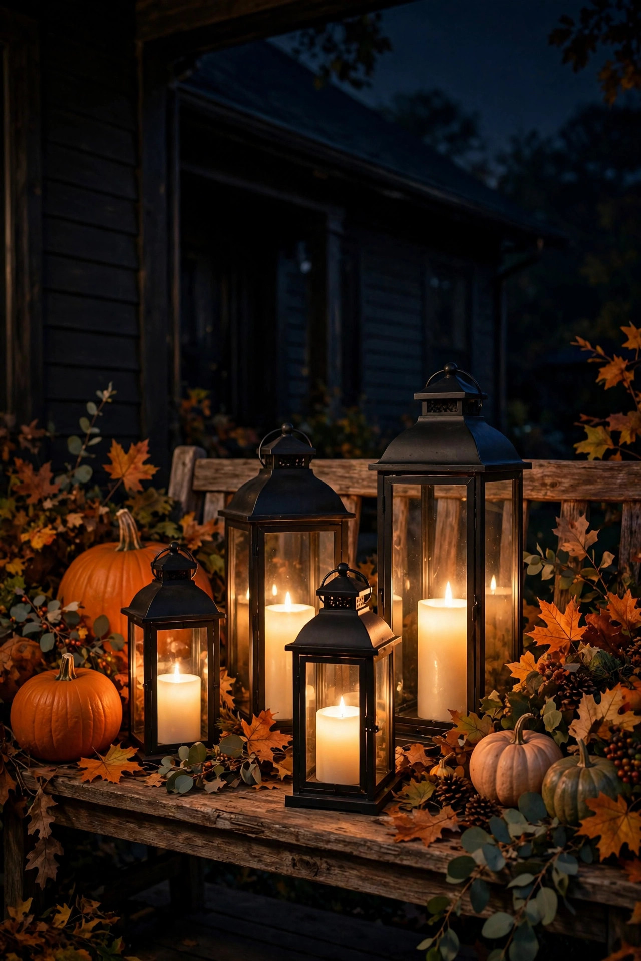 Cluster of flameless candle lanterns as outdoor table lamps on a porch bench at night