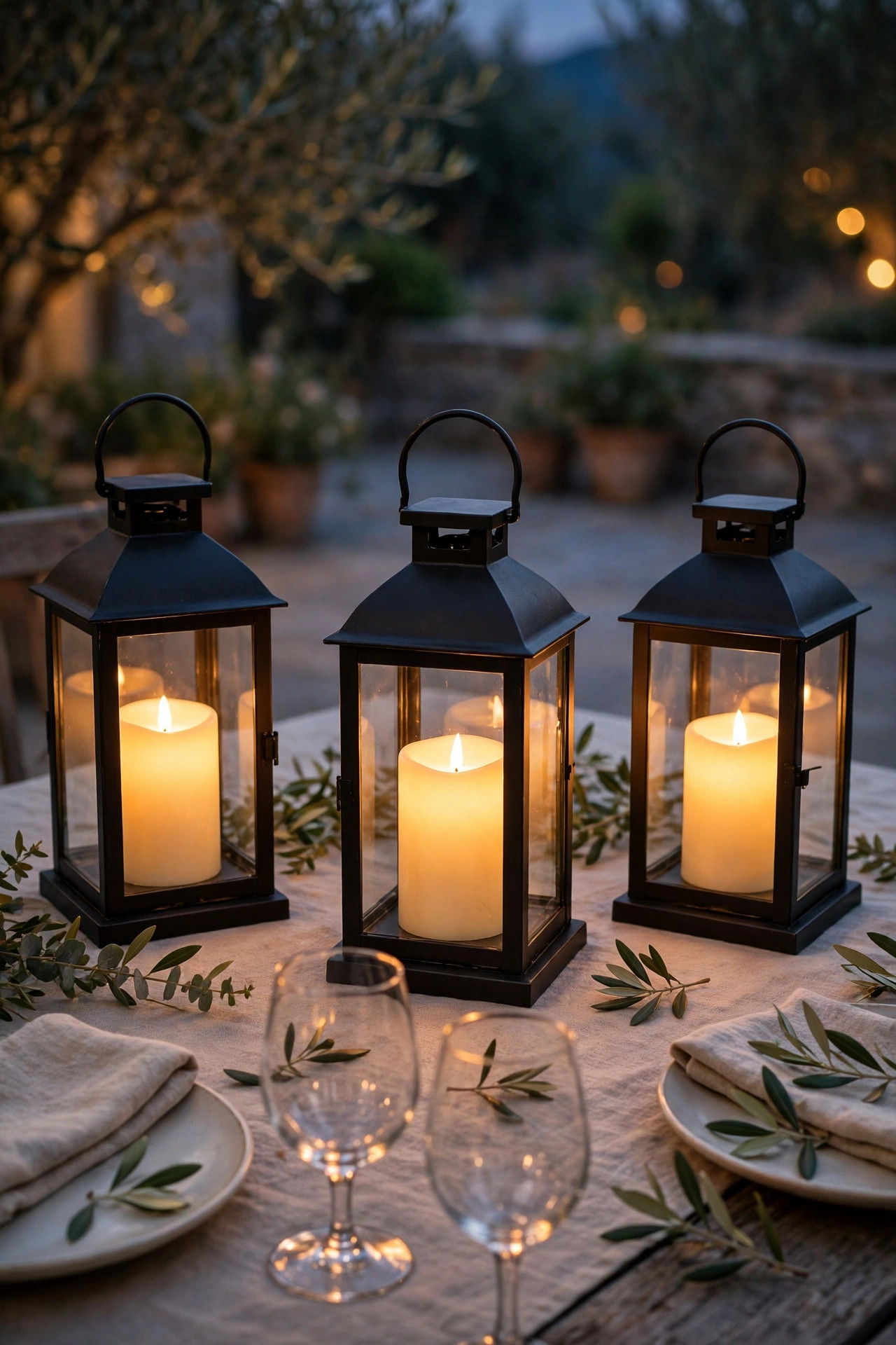 Three black lanterns with flickering flameless candles glowing on a romantic patio dinner table