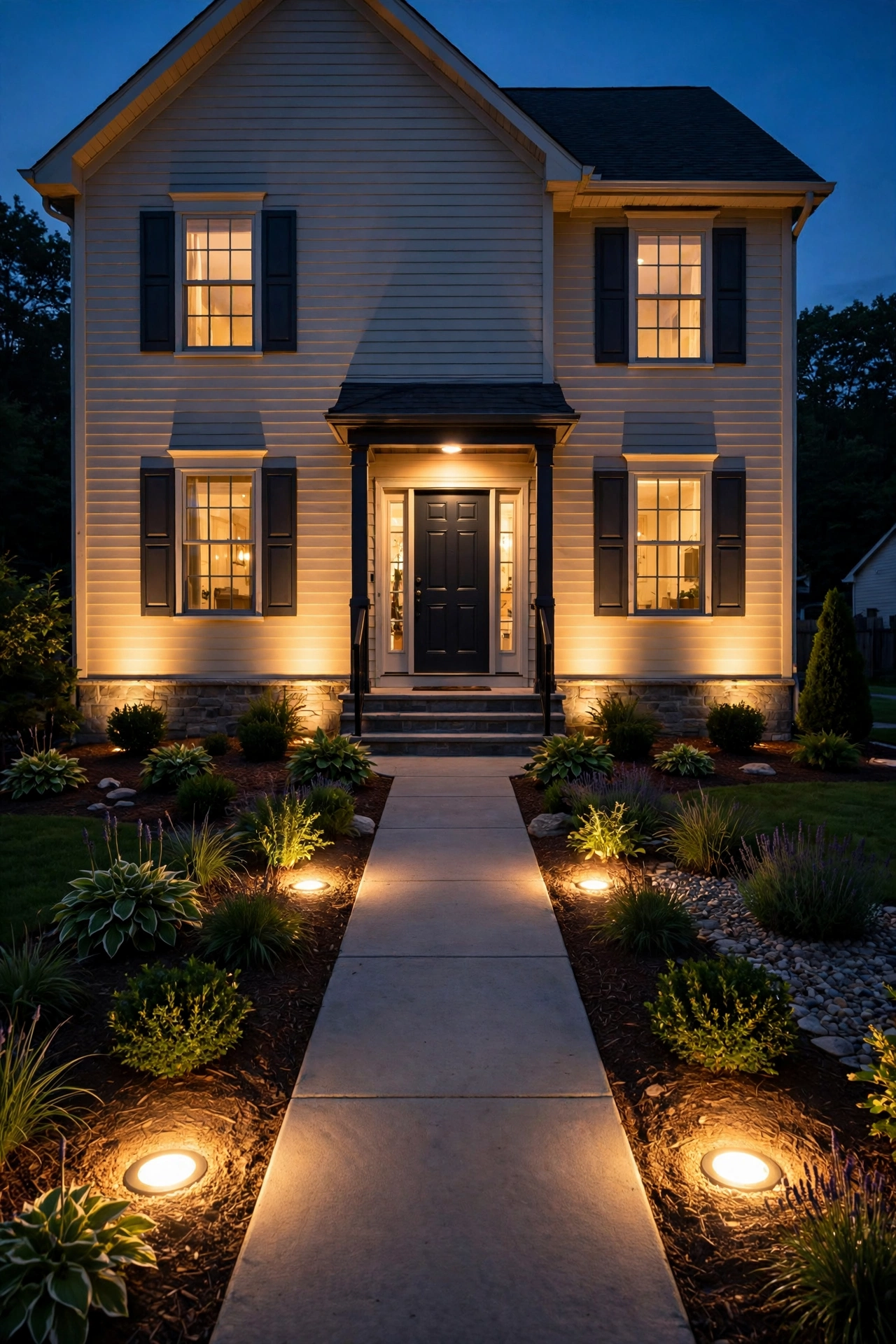 Paired in ground well lights landscape fixtures flanking a front walkway, washing warm light up a house facade