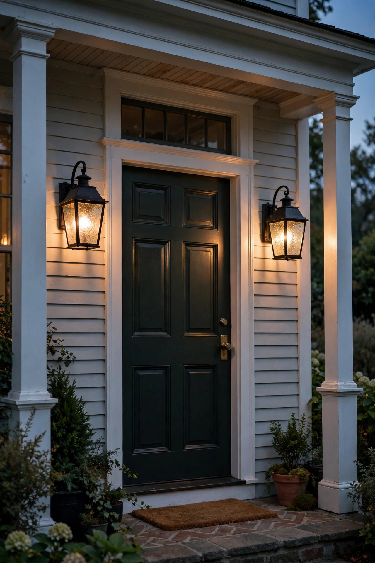 Pair of black metal lantern wall sconces with seeded glass flanking a paneled front door on a colonial porch