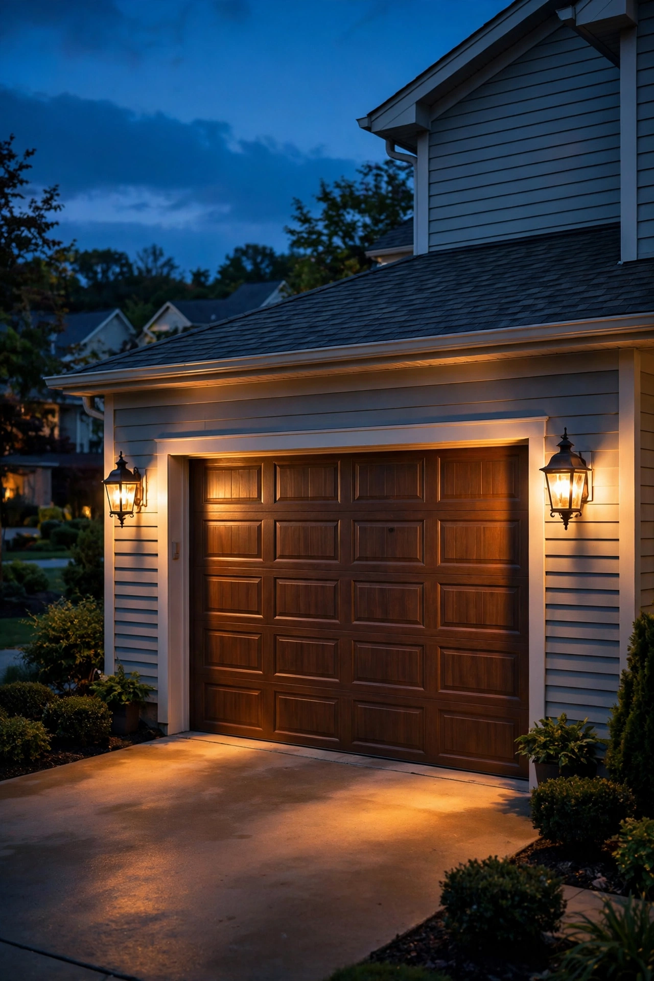 Two-car garage with matching carriage lanterns flanking the door, glowing warmly at dusk