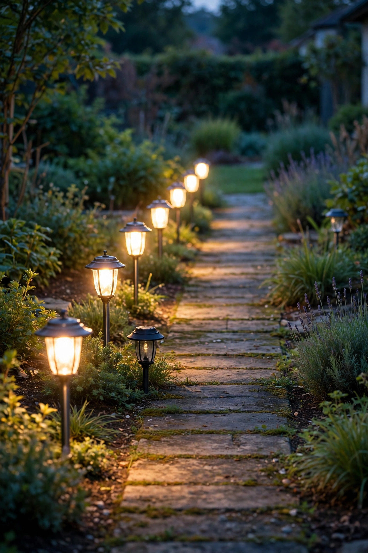 Single dim flickering path light in a row of bright warm garden lights along a walkway at dusk