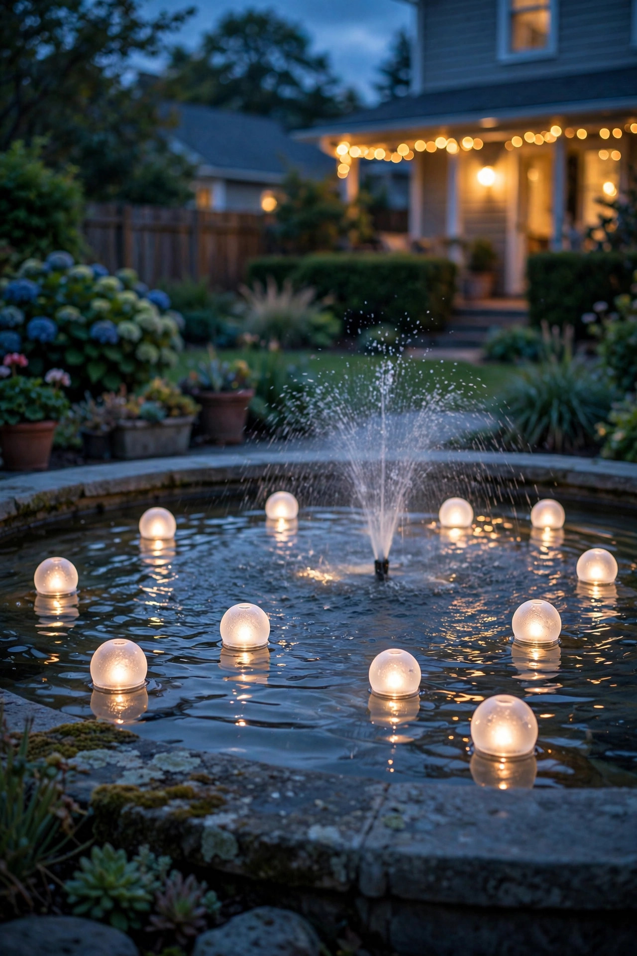 floating solar orbs drifting on a fountain basin at dusk
