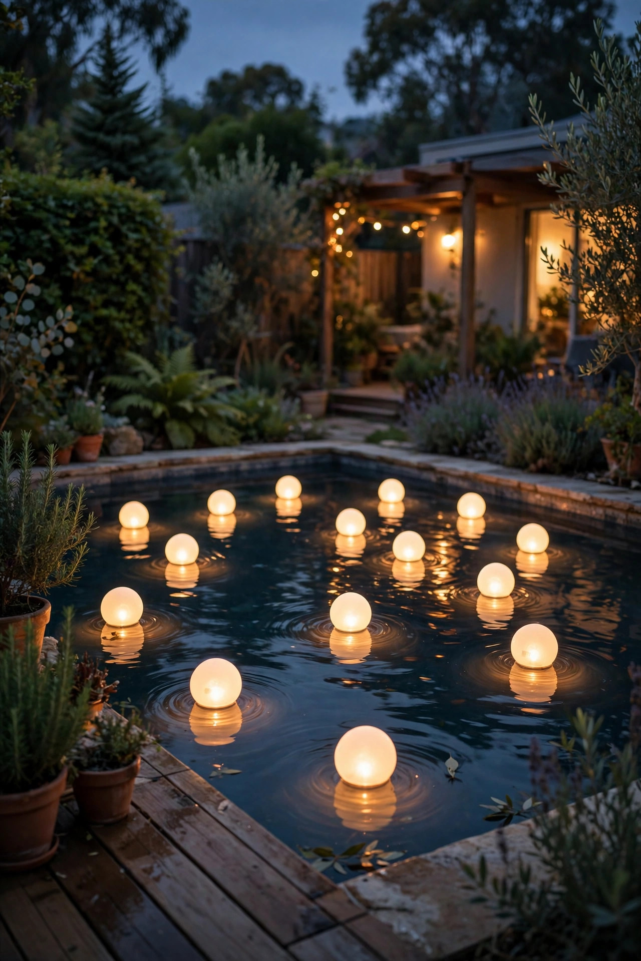 Glowing LED orbs floating on a backyard pool at dusk in warm white and soft colors