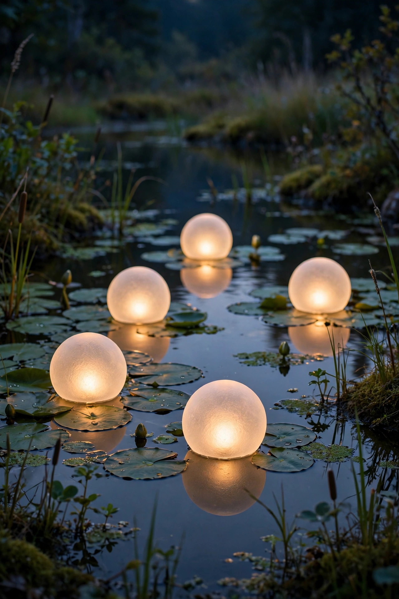 Frosted solar orb lights floating on a still pond at twilight, glowing softly among lily pads