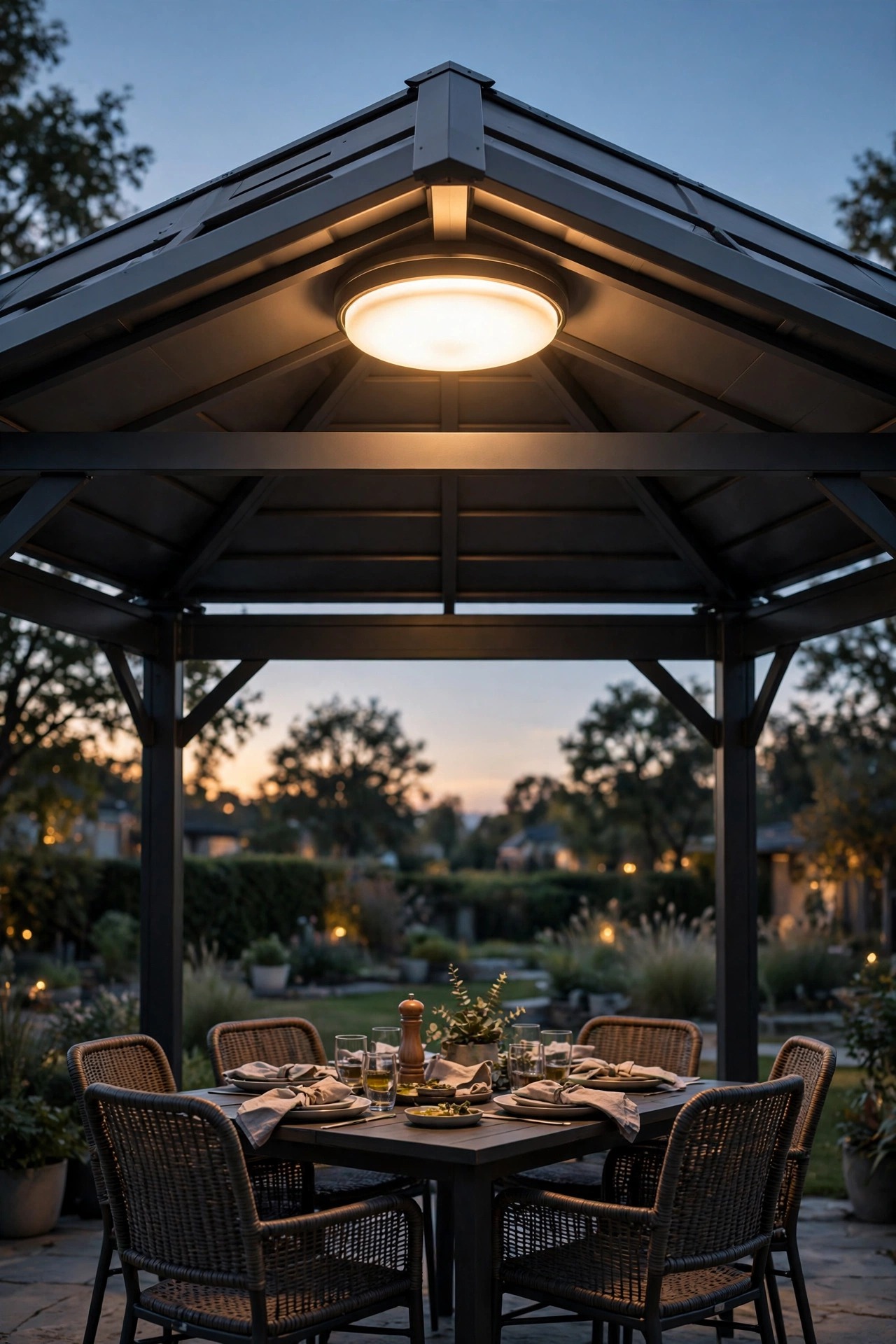 Flush-mount ceiling light glowing at the center peak of a hardtop gazebo roof over a dining set at dusk