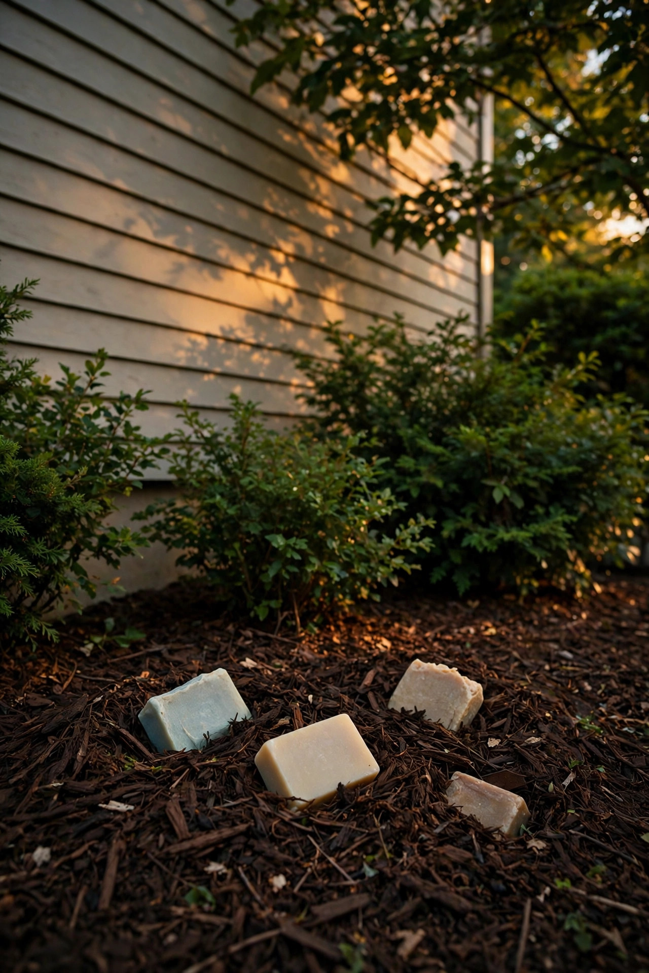 Wash bars tucked into mulch in front of foundation shrubs, warm light filtering through the greenery onto the house wall