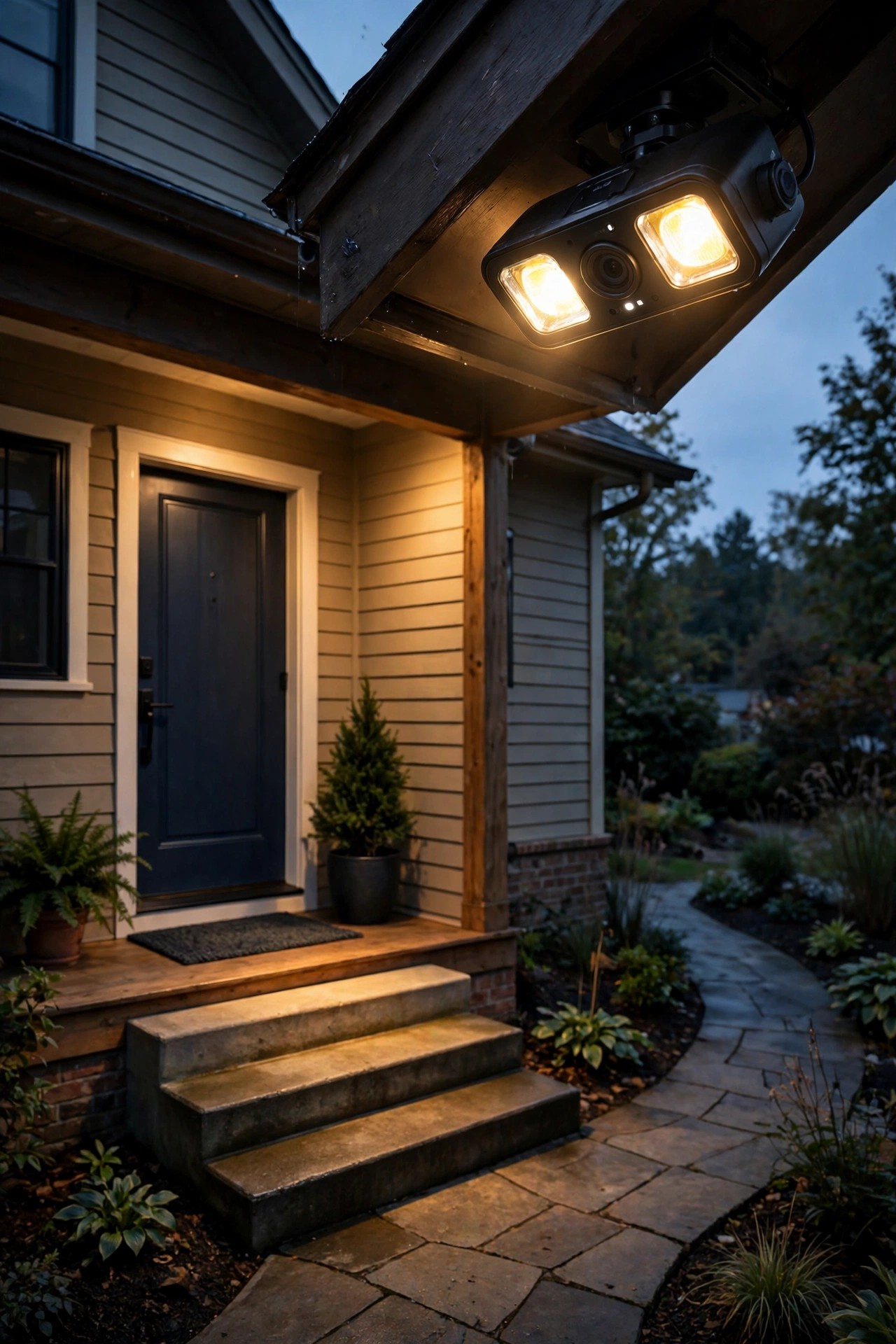 Flood light camera tucked into a front porch eave corner at dusk, warm light pooling over the door, steps and walkway