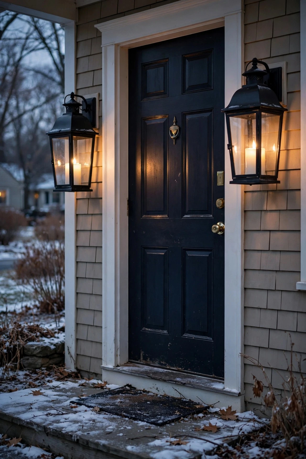 Two large black candle lanterns with flickering LED candles flanking a front door on a winter evening