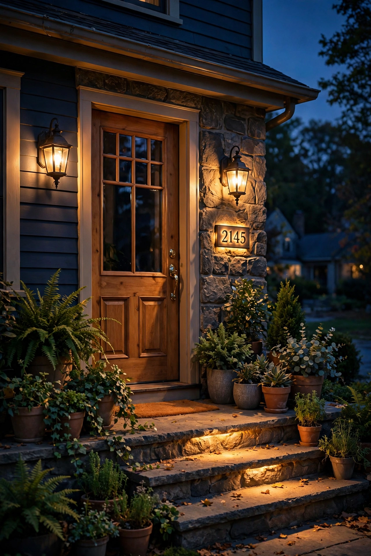 Front porch at night with warm sconces flanking the front door and lit house numbers for home security