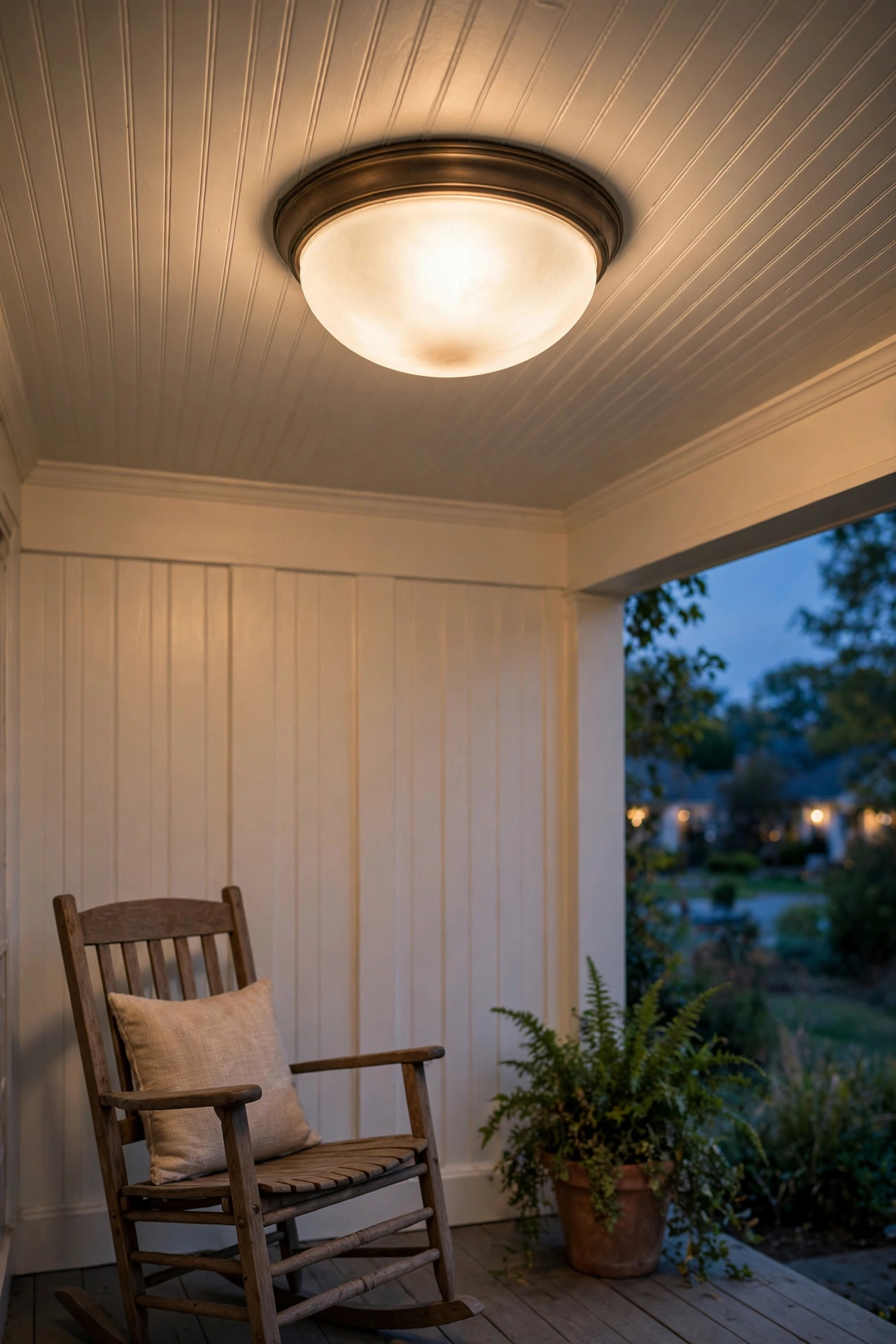 Frosted glass flush mount porch ceiling light casting soft even glow
