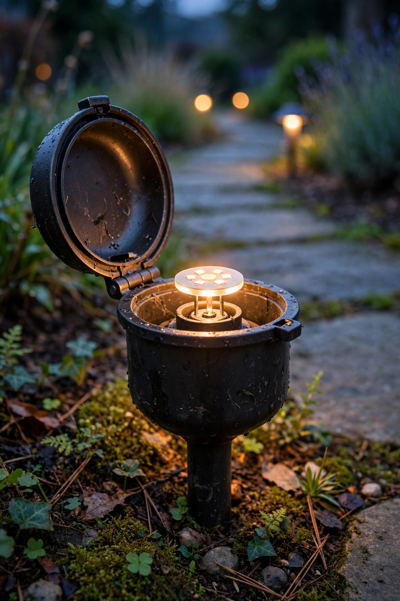 Small G4 bi-pin LED disc bulb being fitted inside an open path light fixture glowing warmly along a garden walkway