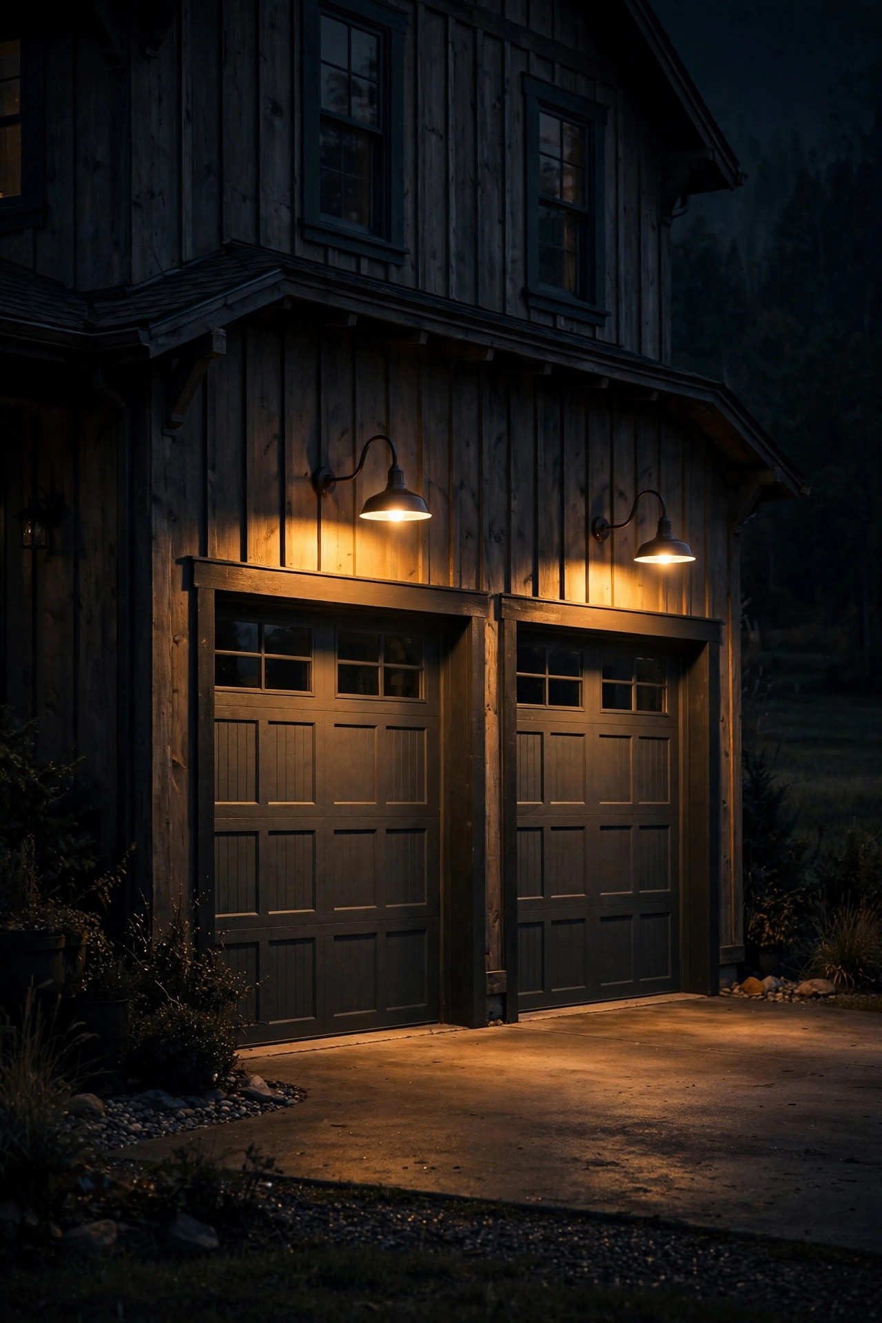 Gooseneck barn lights mounted above two garage doors on a farmhouse at night