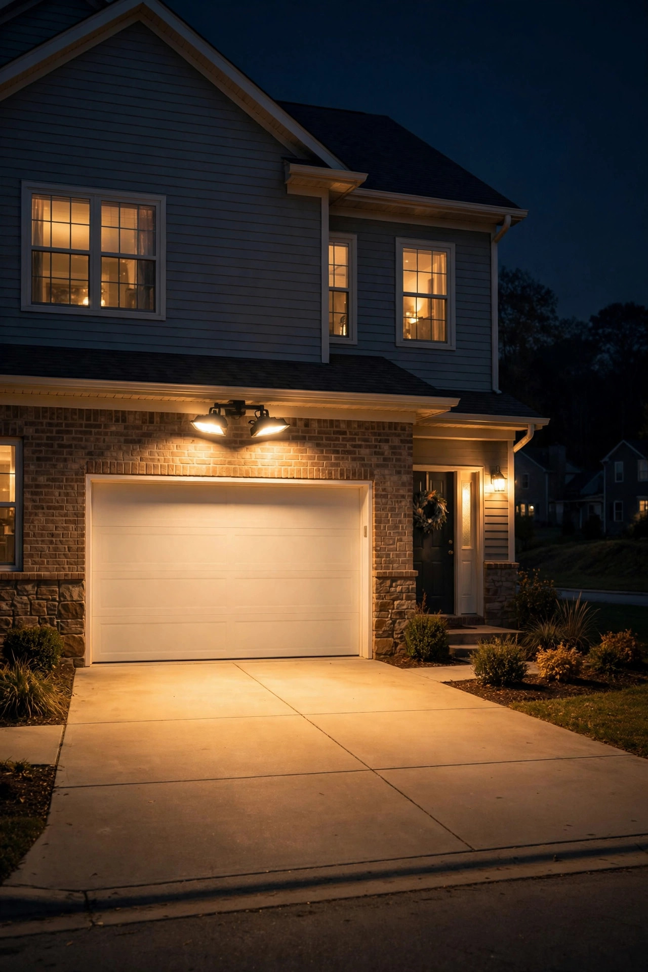 Motion-sensor flood light mounted above a suburban garage door washing the driveway in even warm light at night