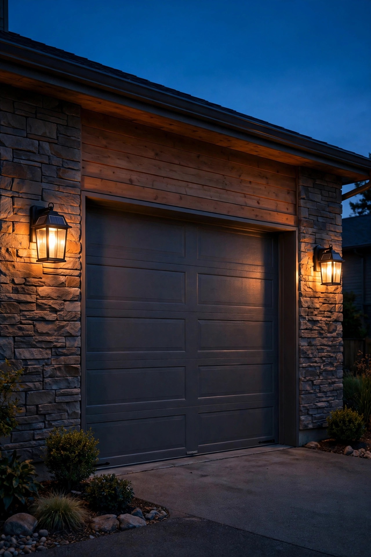 Pair of lantern style solar sconces glowing warmly on either side of a garage door at dusk