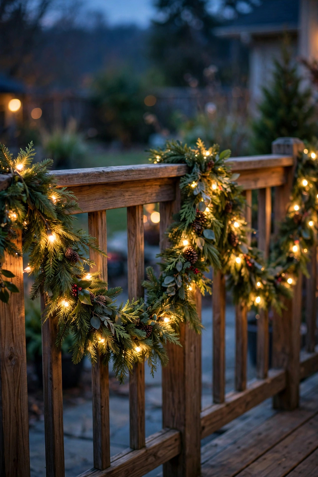 Prelit green garland with warm white lights draped in swags along a wooden deck railing at Christmas