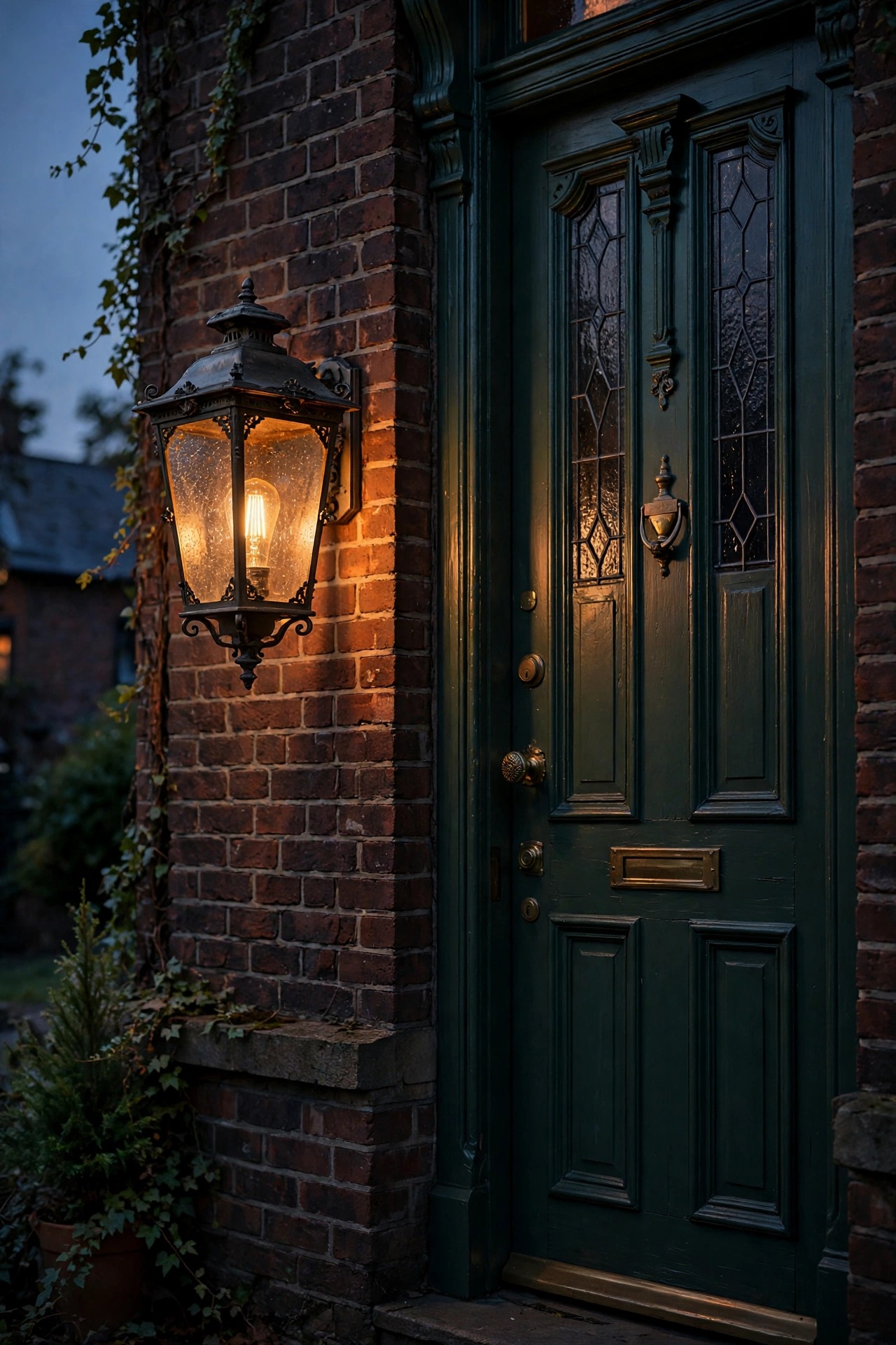 Gas-style flame lantern with flickering LED bulb and seeded glass beside a tall Victorian front door at dusk