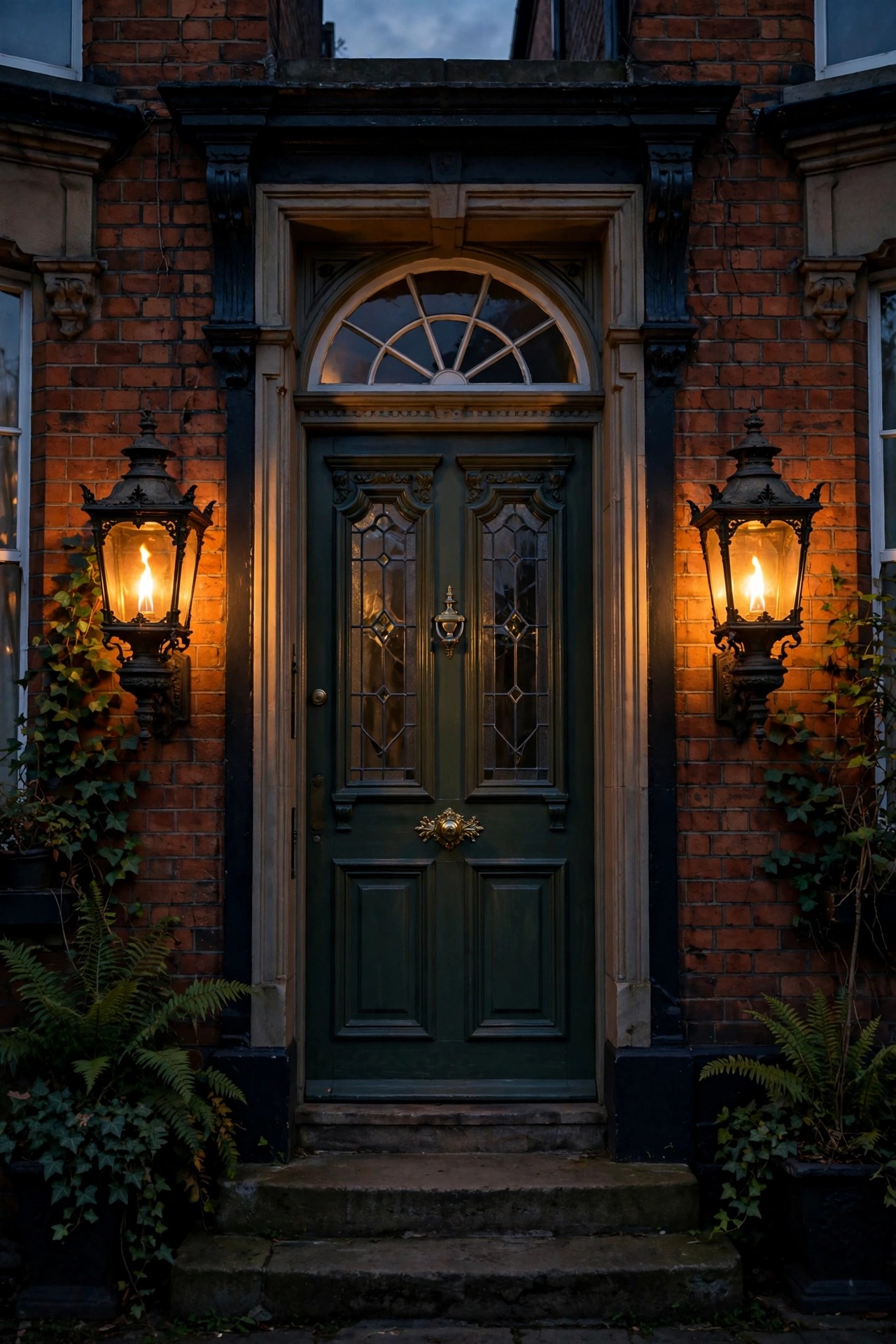 Pair of gas-style flame-effect lanterns flanking a Victorian front door at dusk