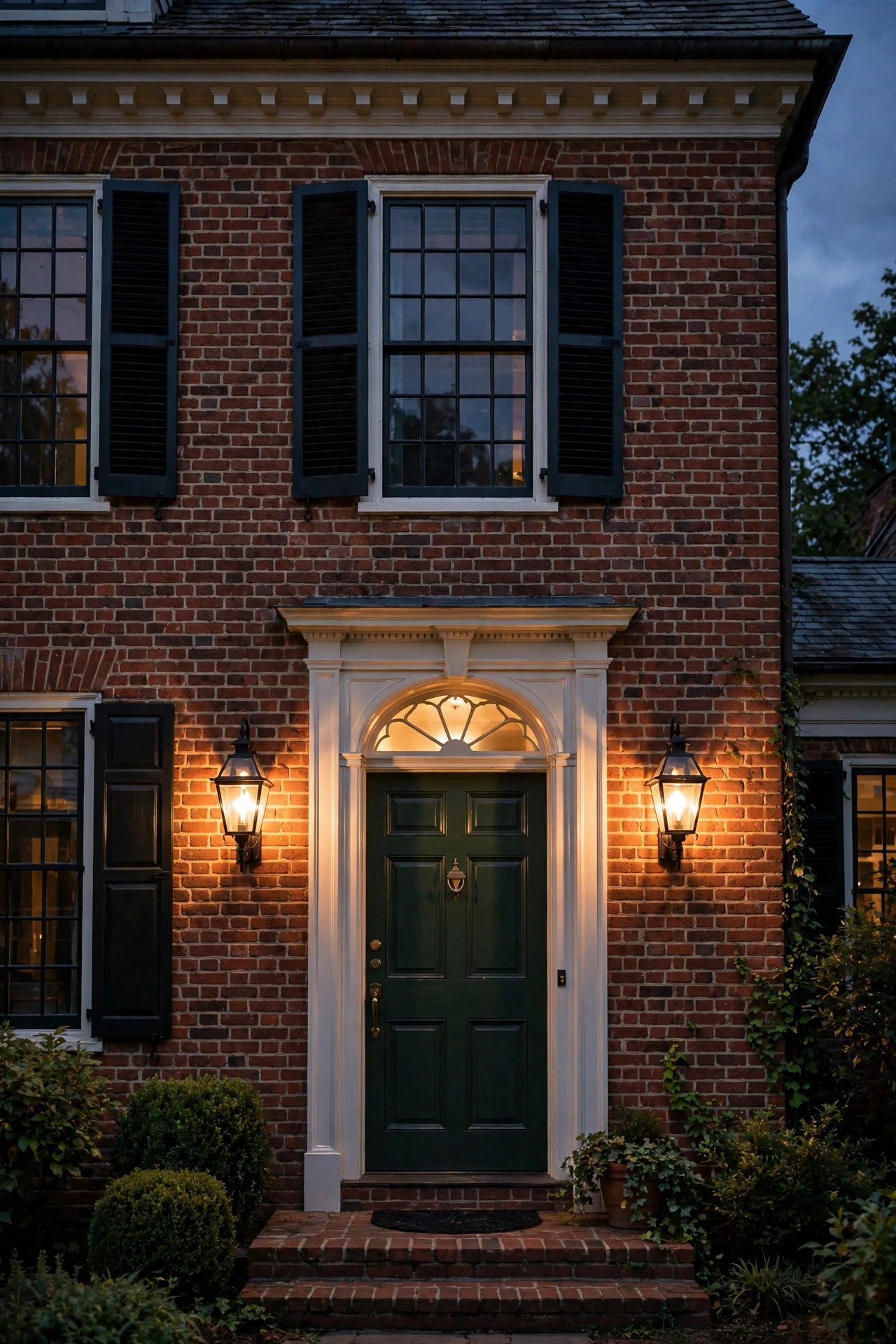 Gaslight-style LED wall lanterns with warm flickering flame glow on a colonial brick home