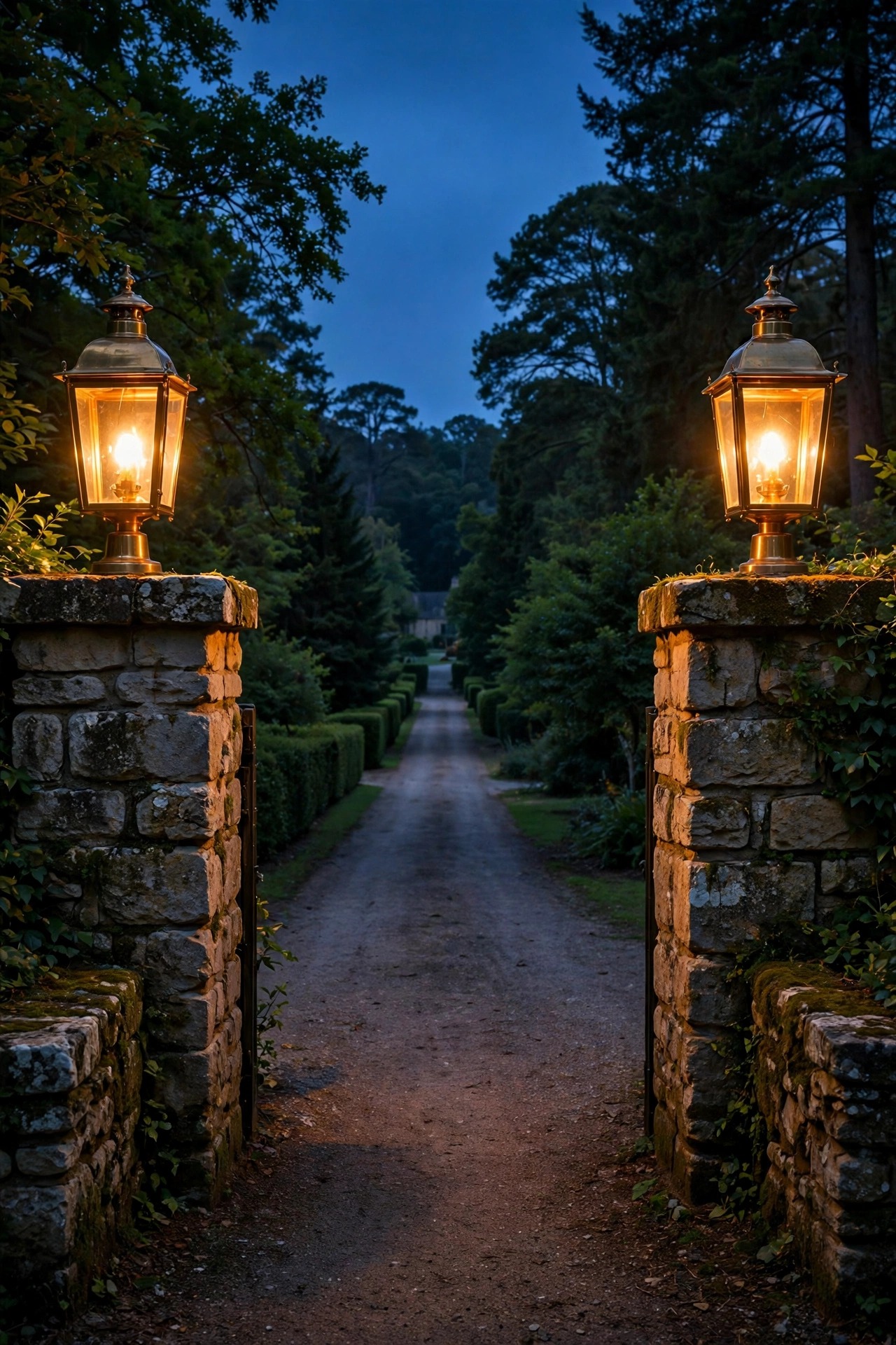 Matching brass lanterns glowing warmly on top of stone gate piers at the entrance of a long driveway at dusk