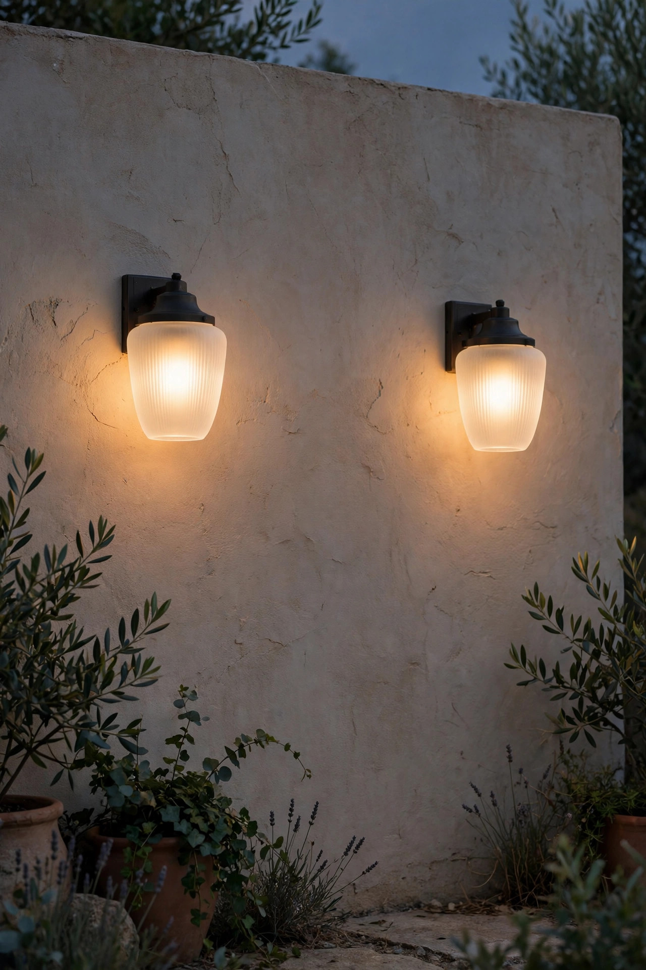 Frosted glass wall sconces with downward shades glowing softly on a patio wall at dusk without glare