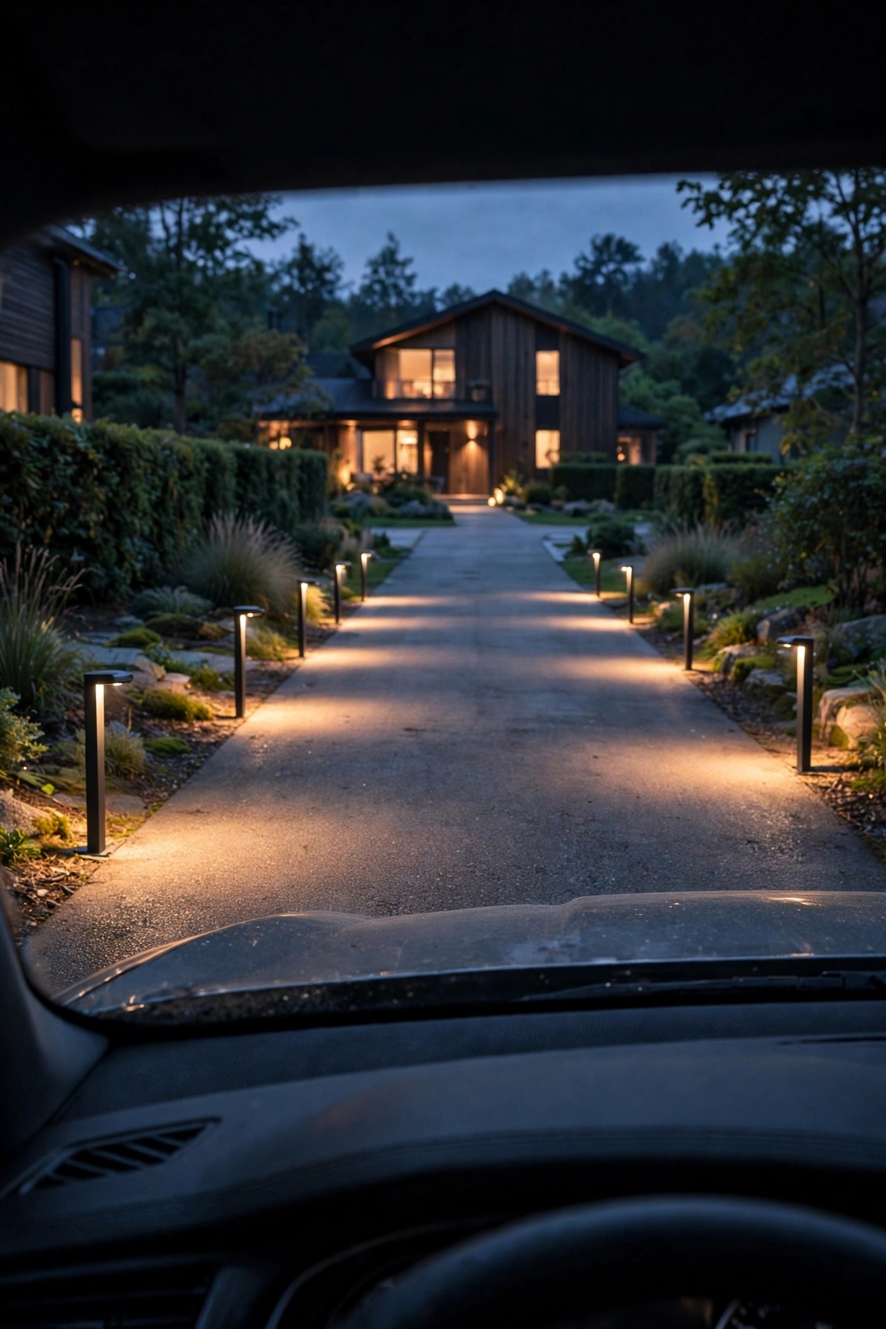 Driveway at dusk seen from a drivers point of view, low shielded fixtures washing warm light across the pavement surface with no glare, house glowing softly ahead