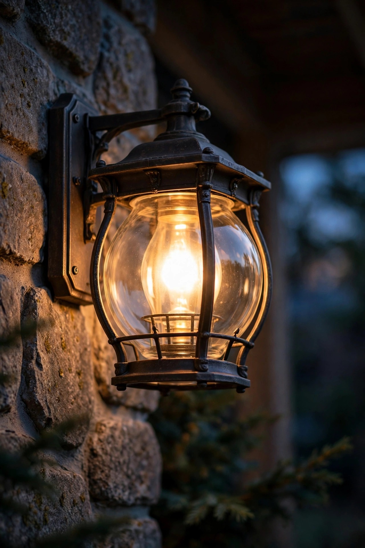 Close-up of a porch wall lantern with a clean new clear glass globe glowing warmly at dusk, photorealistic