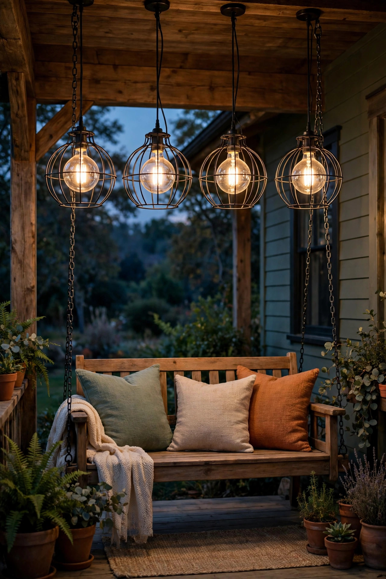 Round globe vintage filament bulbs in open-cage pendants above a porch swing at dusk
