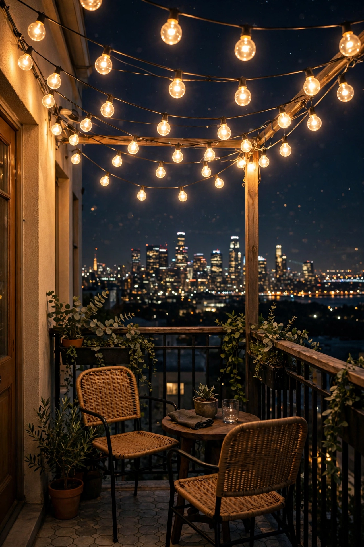 Globe bistro string lights forming an overhead canopy on a small balcony at night