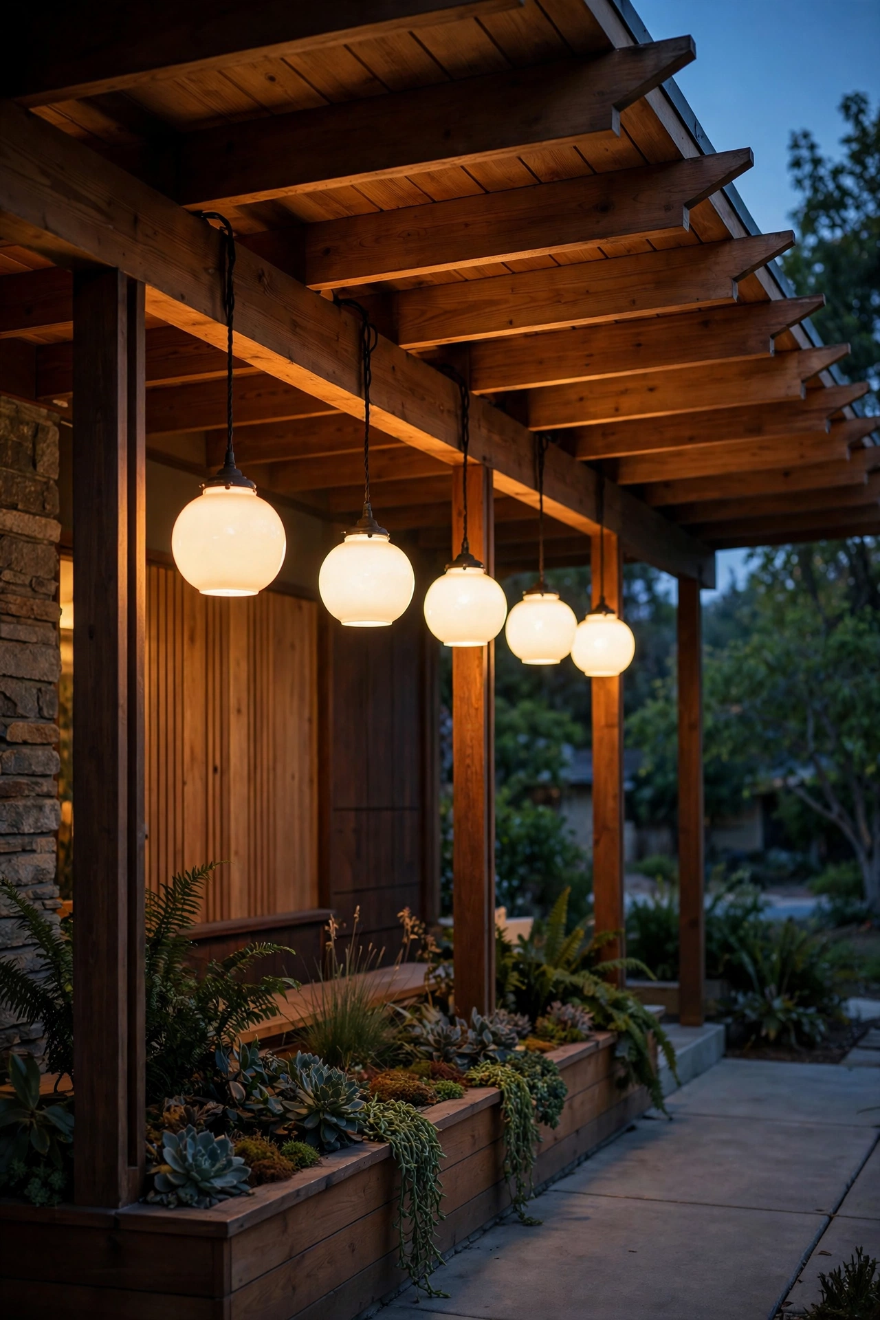 Row of milk-glass globe pendants hanging under cantilevered wooden eaves of a mid century modern porch