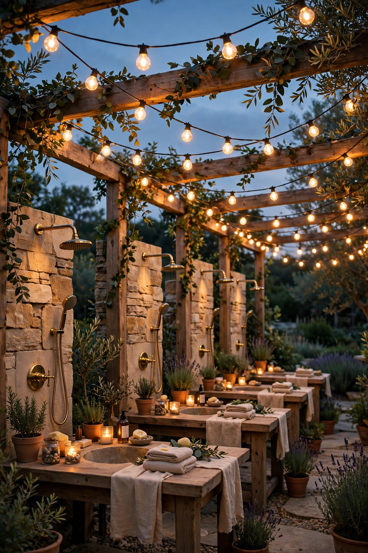 Globe string lights swagged in a canopy over outdoor shower tables at dusk
