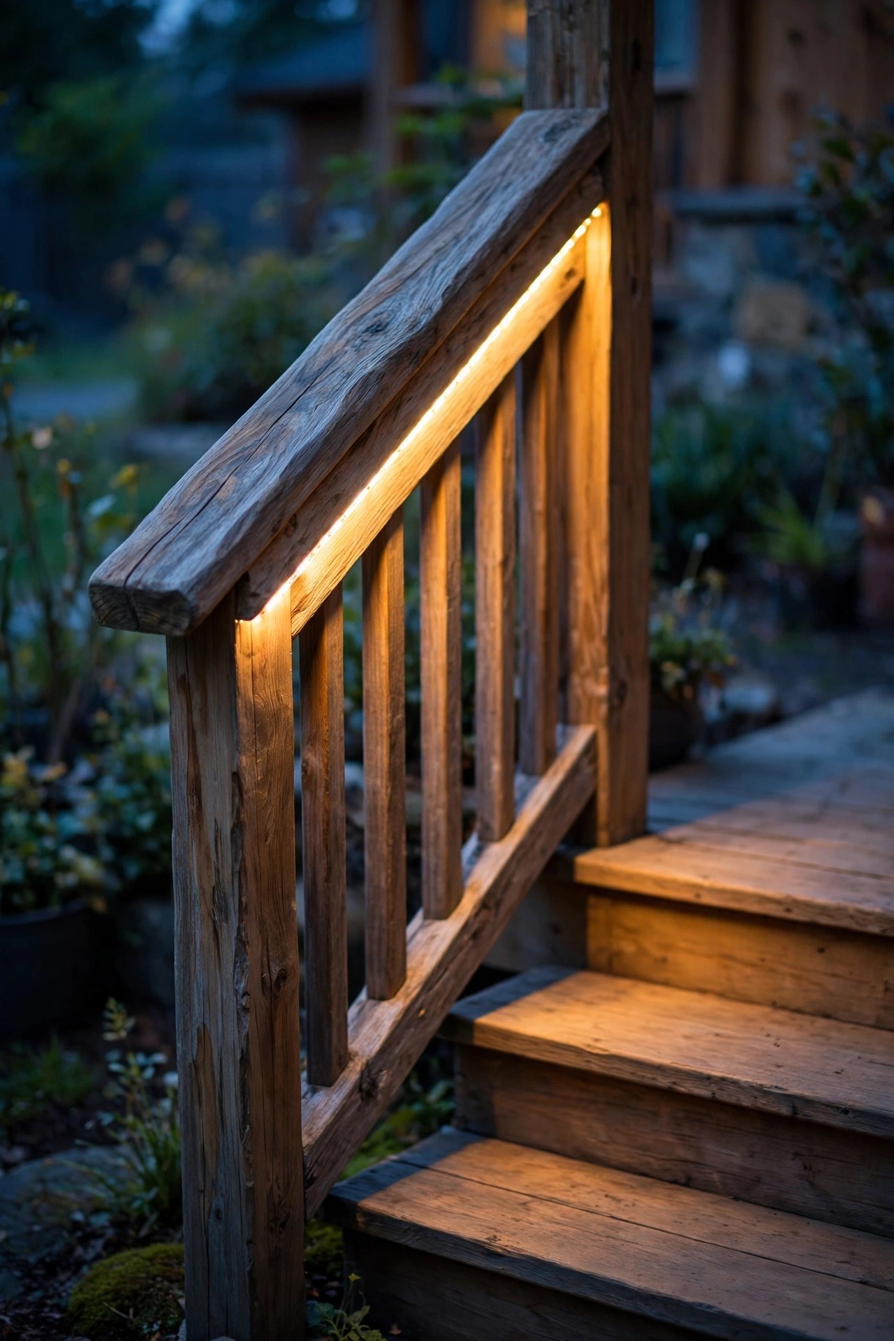Wooden porch handrail at dusk with a warm LED strip glowing along its underside, softly washing the steps below with light