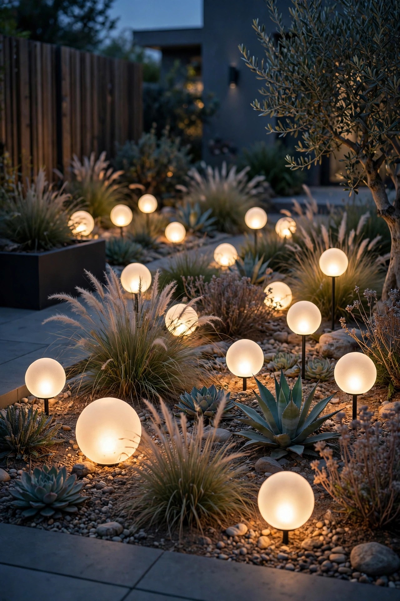 Frosted glowing orb lights in warm white scattered through a modern garden bed at dusk