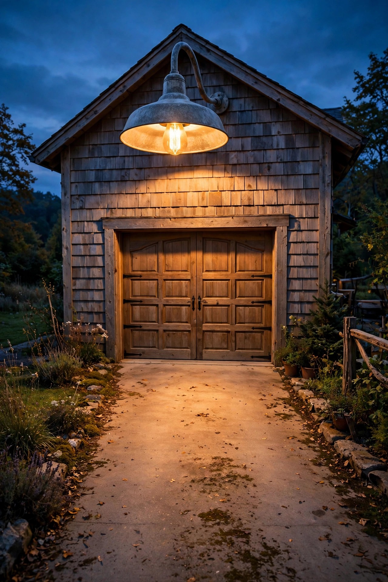Galvanized gooseneck barn light with a filament-style LED bulb glowing warmly above a garage door at dusk