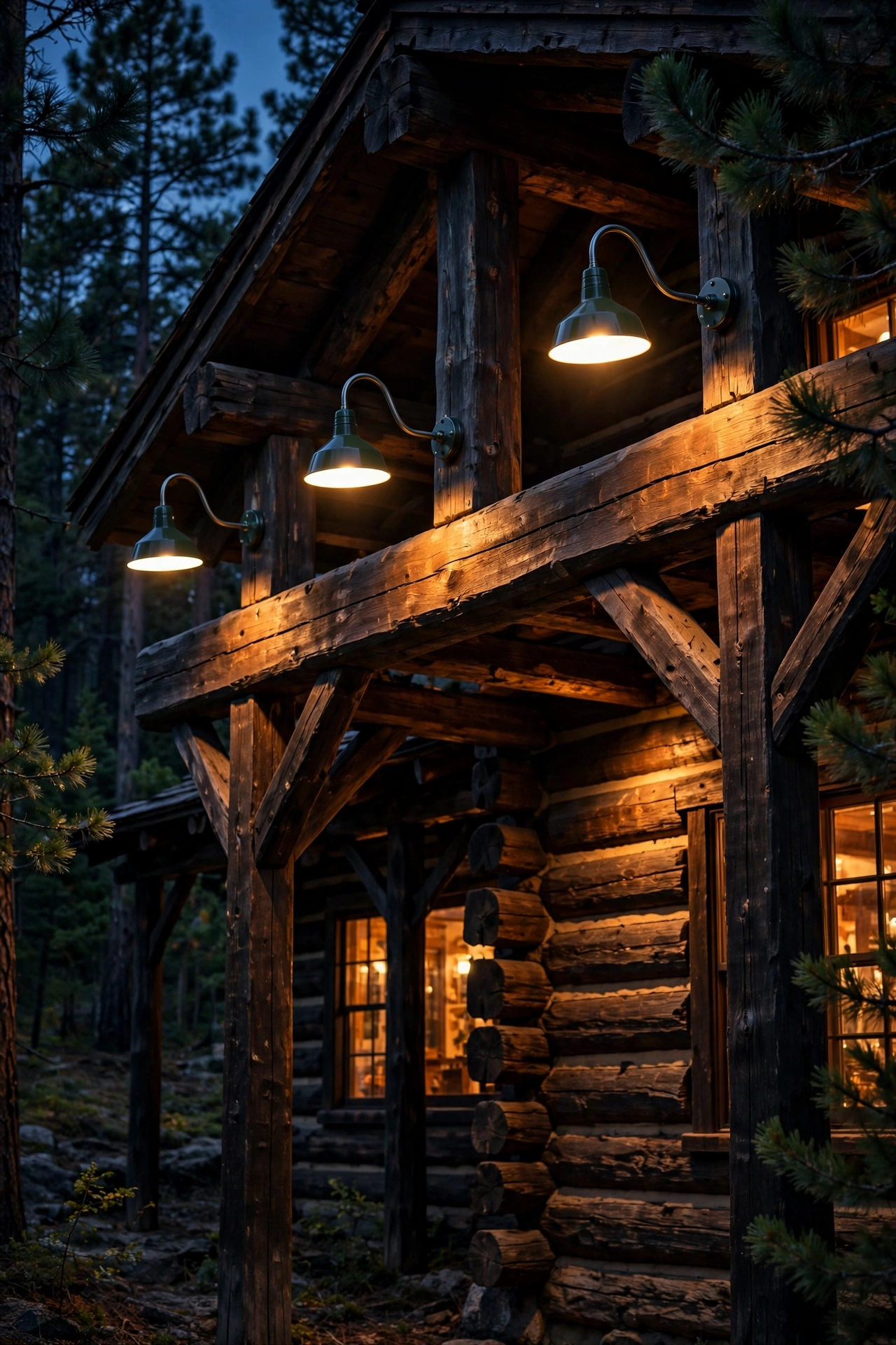 Gooseneck barn lights mounted on heavy timber beams of a rustic cabin, warm downward glow