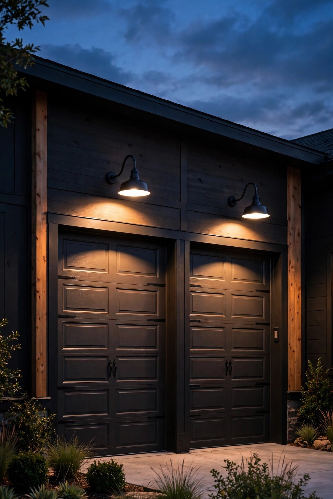 Matte black gooseneck barn lights mounted above a white farmhouse garage door at dusk