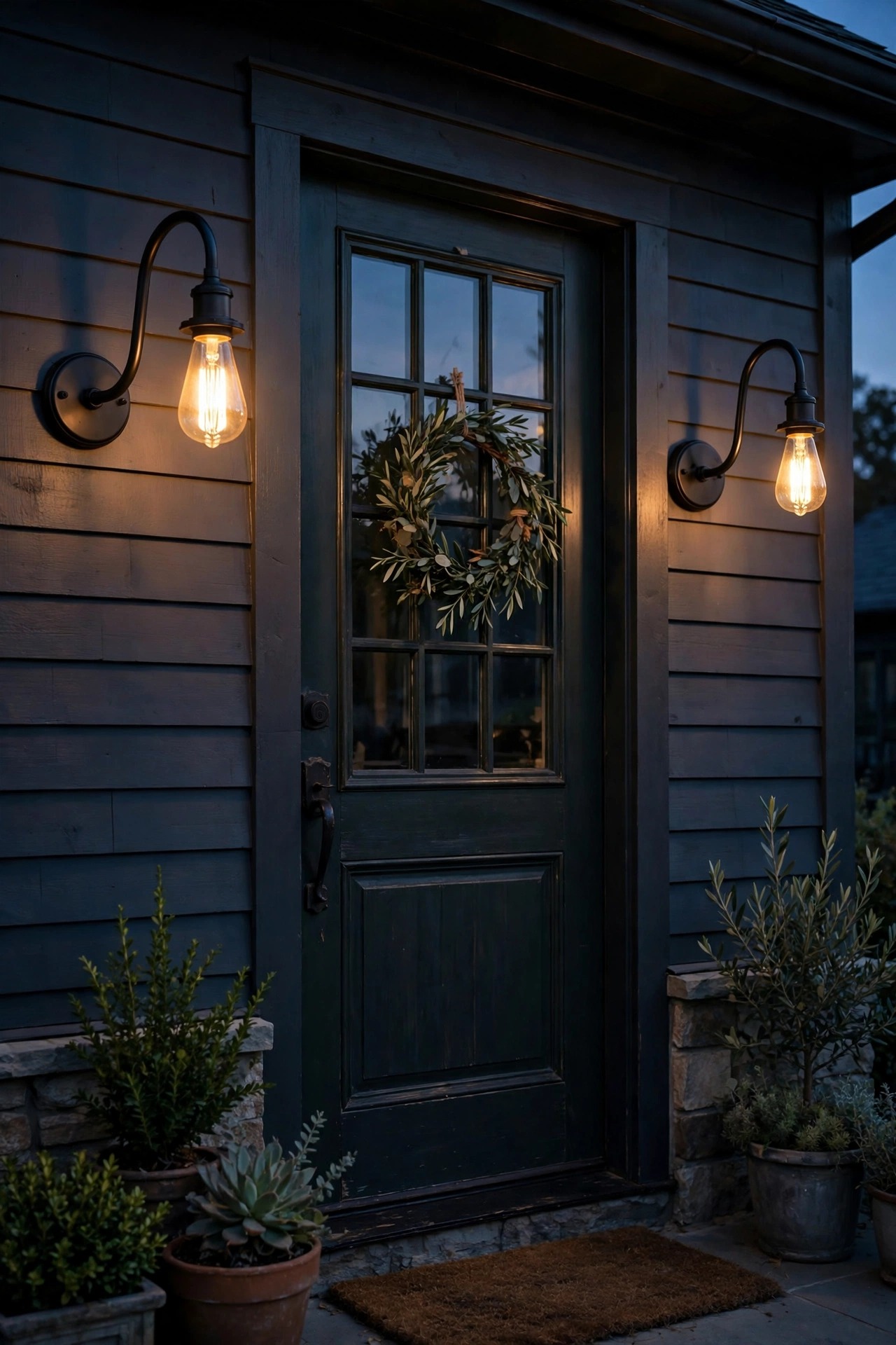 Pair of black gooseneck barn sconces with warm filament bulbs flanking a farmhouse front door at dusk