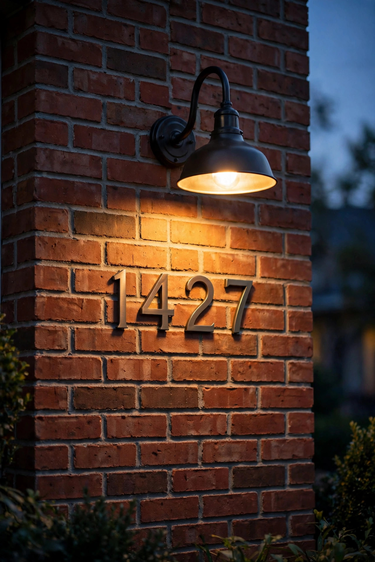 Gooseneck porch light shining down on house numbers mounted on a warm red brick wall