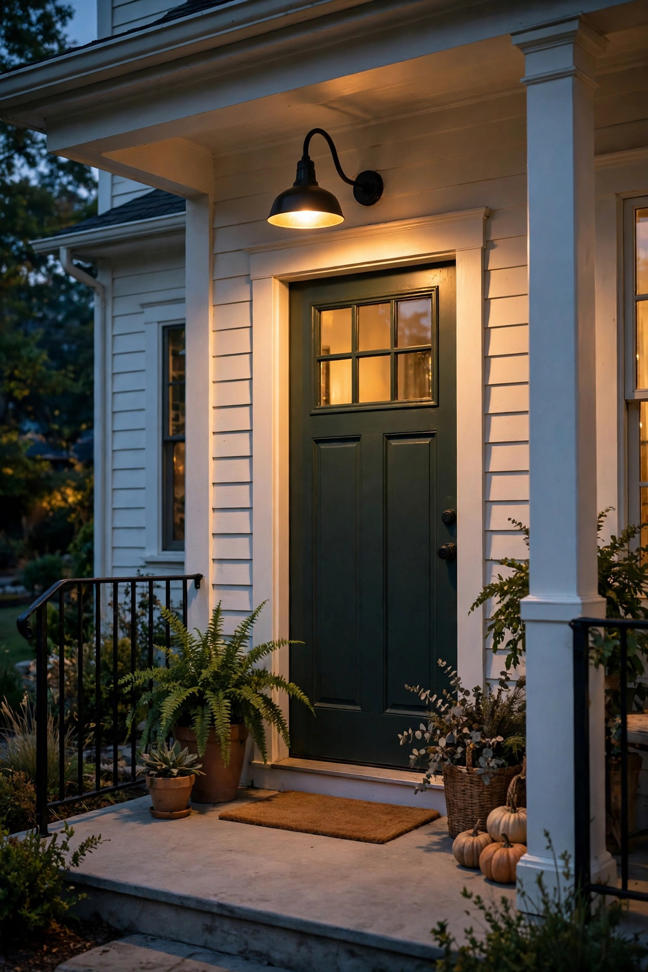 Black gooseneck barn light mounted above a front door casting warm light onto an open porch