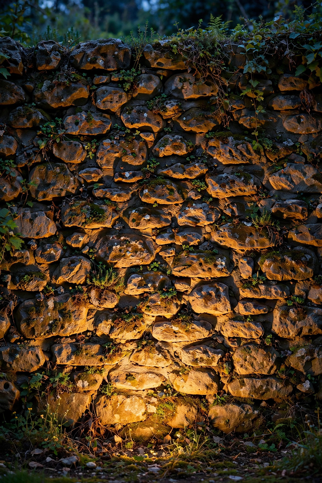 Grazing light skimming up a textured stone garden wall highlighting every stone and mortar line