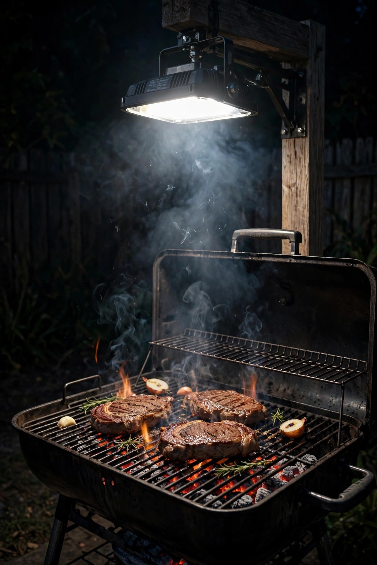 Bright neutral-white task light mounted above an outdoor grill, steaks sizzling on the grates in clear true-color light at night