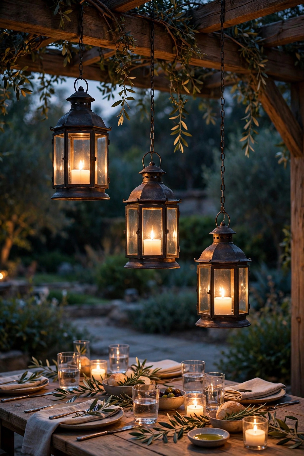 Three hanging metal pendant lanterns suspended at staggered heights from a pergola beam over an outdoor dining table at dusk, warm candlelight glow
